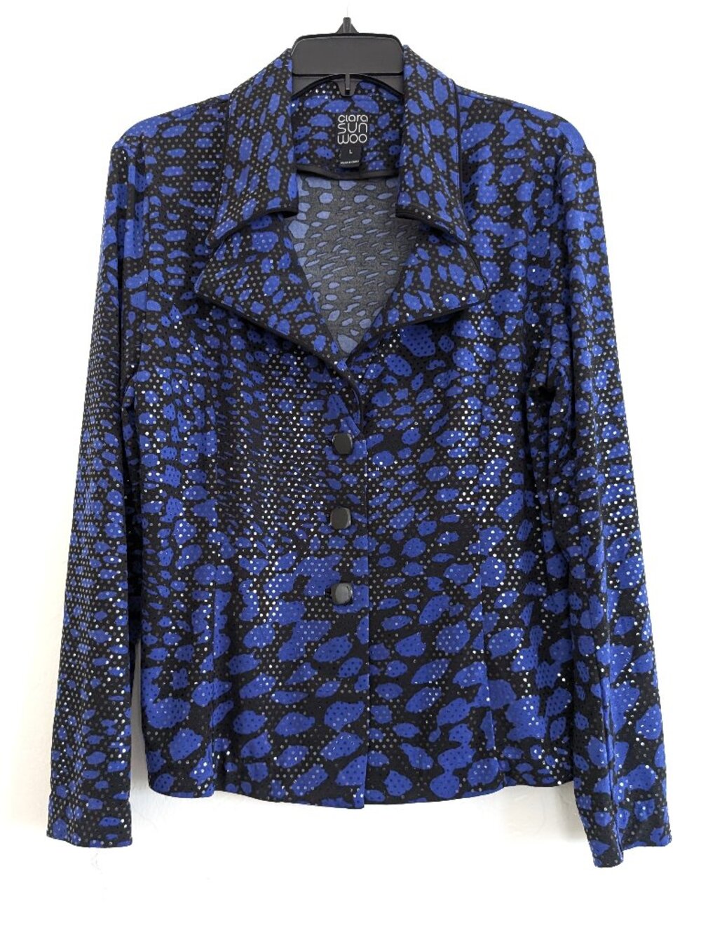 CLARA SUN WOO Jacket L Blue Black Sequin Button Shine Evening Designer